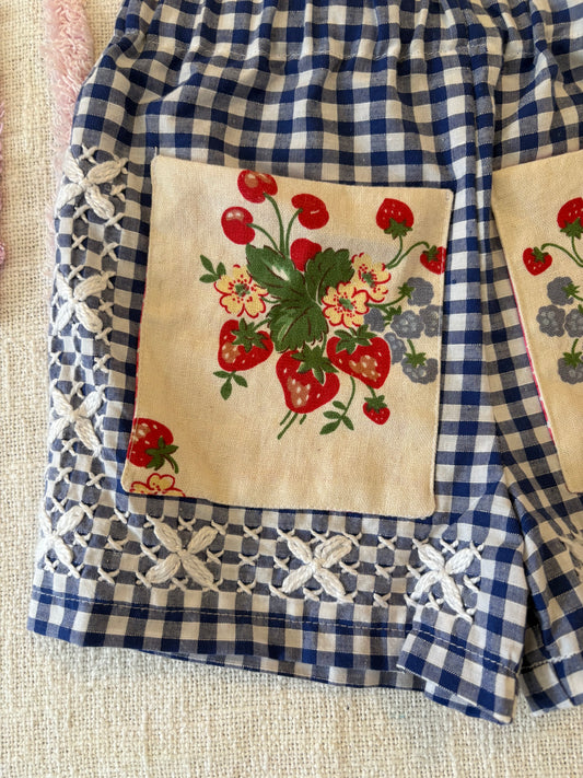 Blue Gingham Picnic Shorts with Strawberry Pockets - Size 3