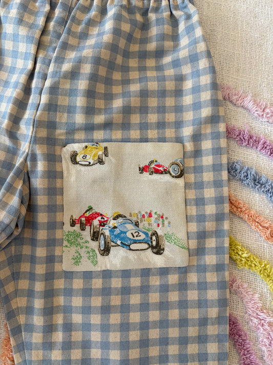 Organic Cotton Blue Gingham with Race Car Pocket Pants - Size 3