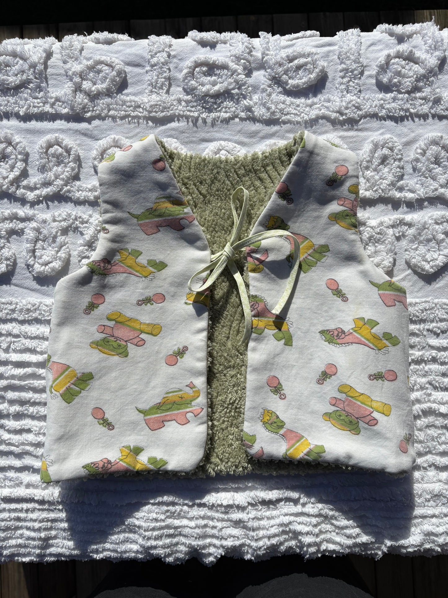 Reversible Green Chenille Vest with Vintage Lining (1-2 Years)