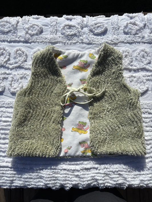 Reversible Green Chenille Vest with Vintage Lining (1-2 Years)