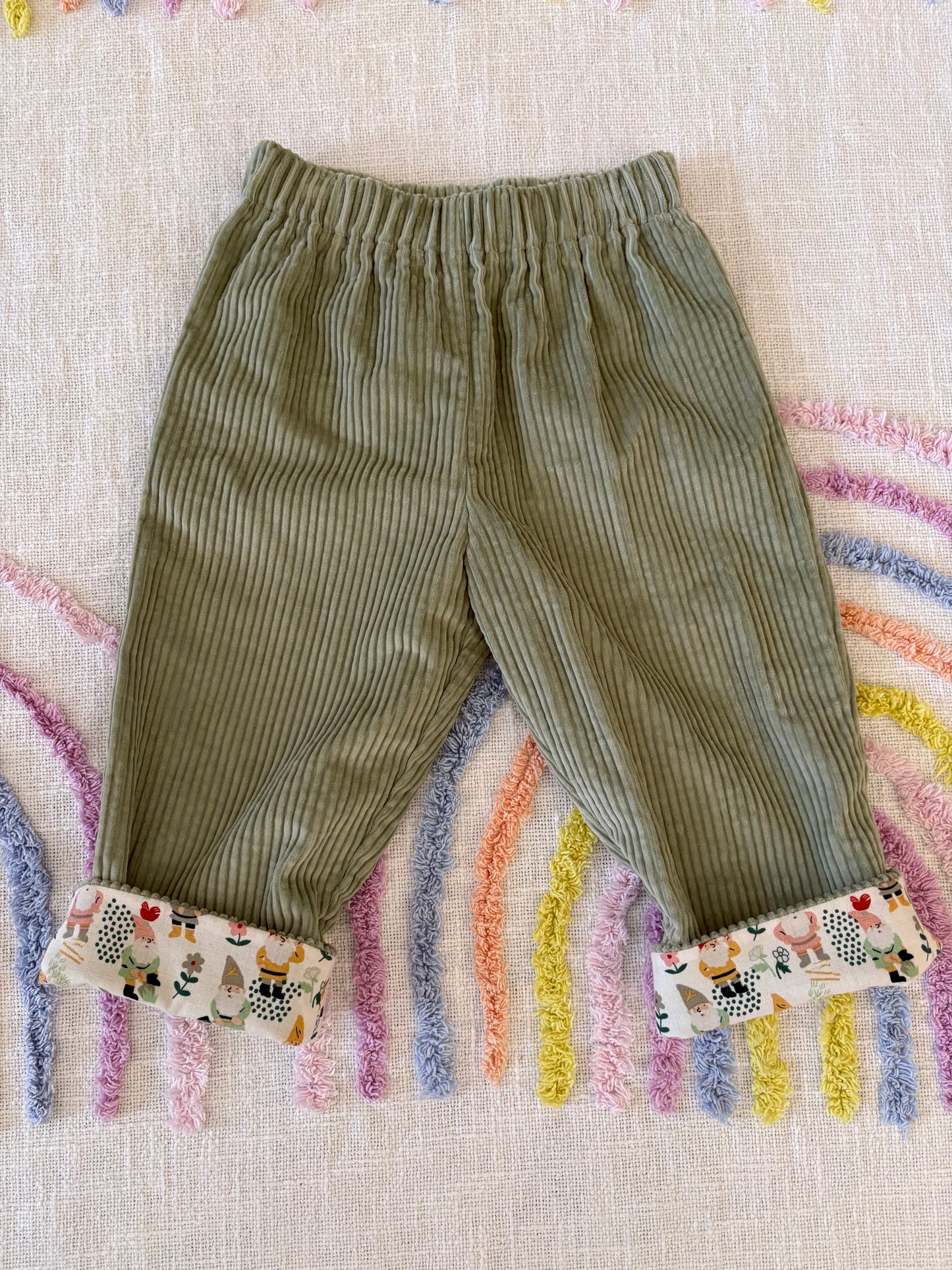 Green Corduroy Pants with Gnome Print Cuff - size 1