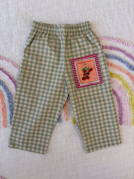 Tomato Seeds Organic Cotton Green Gingham Pants with Front Pocket- size 2