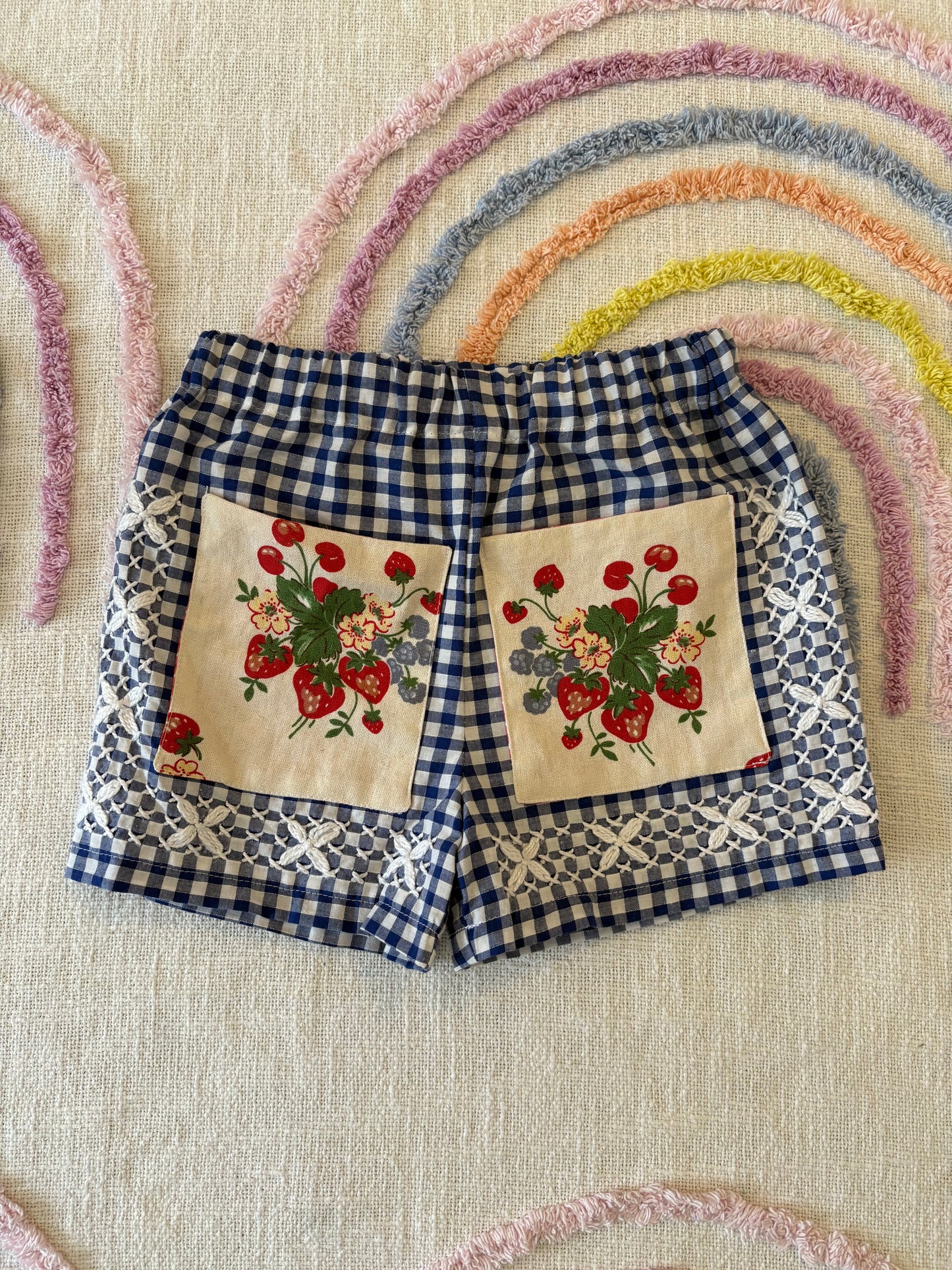 Blue Gingham Picnic Shorts with Strawberry Pockets - Size 3