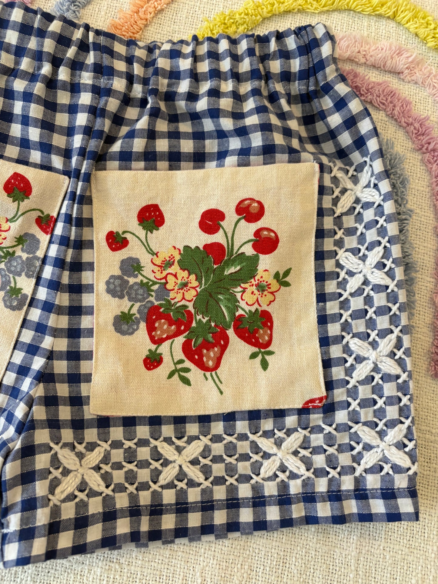 Blue Gingham Picnic Shorts with Strawberry Pockets - Size 3