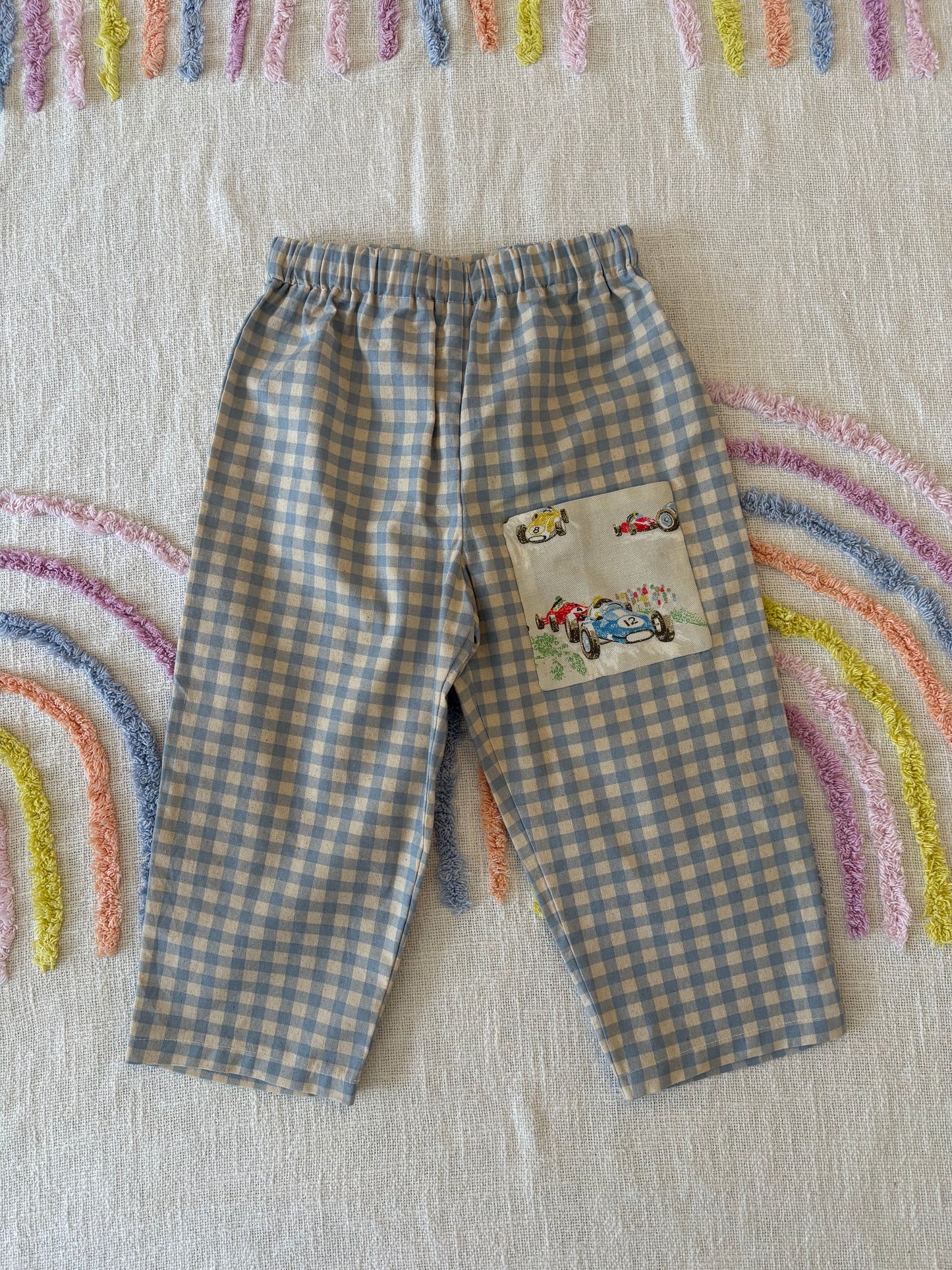 Organic Cotton Blue Gingham with Race Car Pocket Pants - Size 3