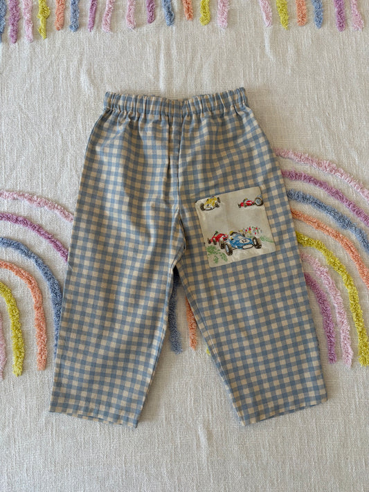 Organic Cotton Blue Gingham with Race Car Pocket Pants - Size 3