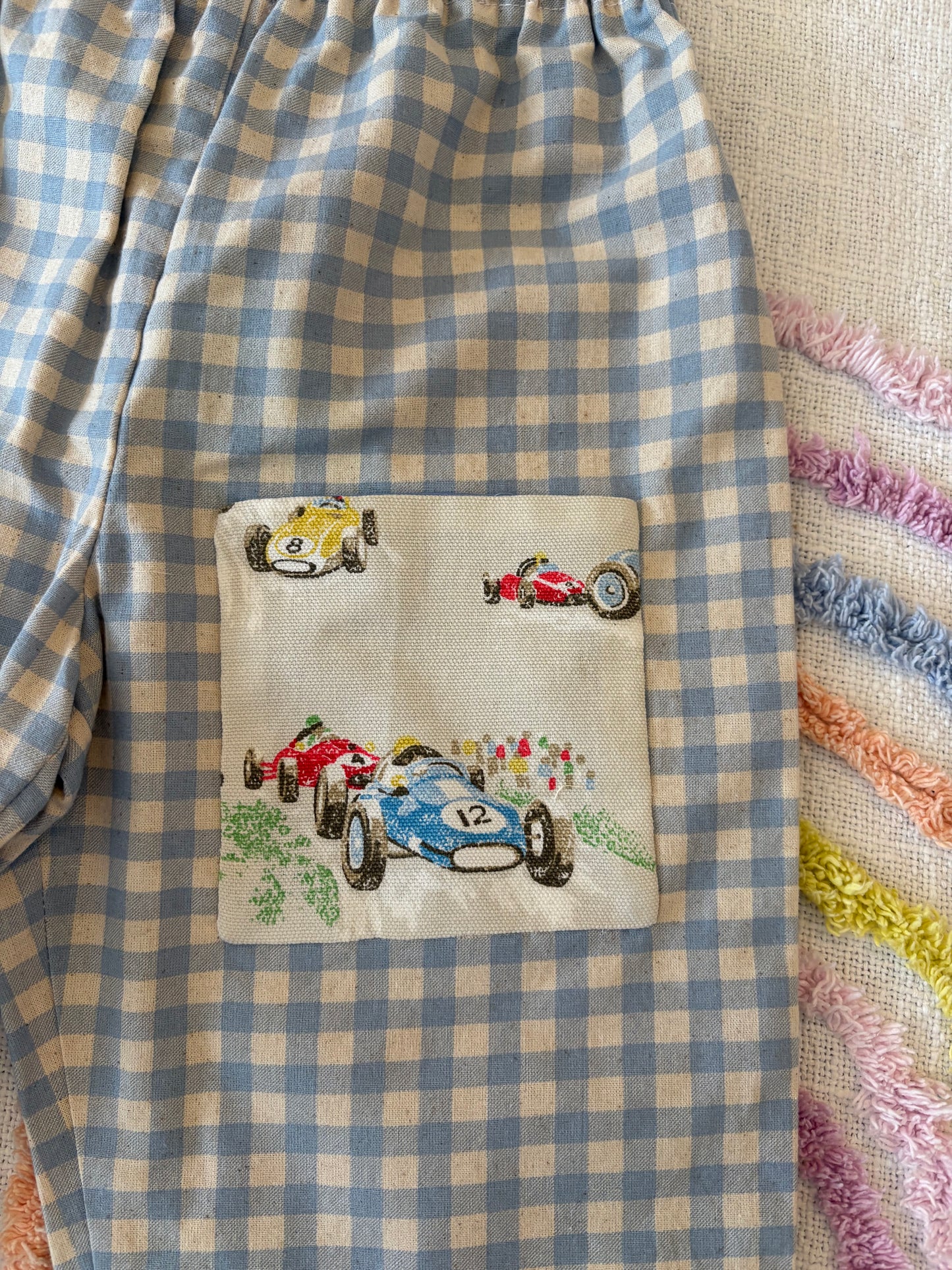 Organic Cotton Blue Gingham with Race Car Pocket Pants - Size 3