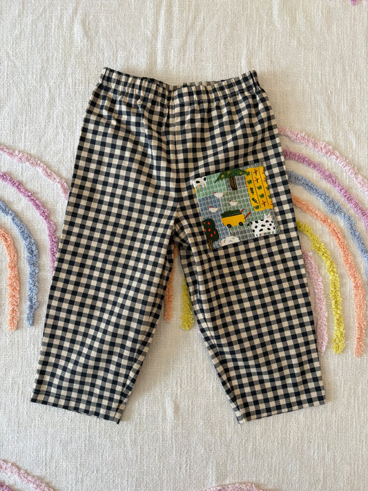 Organic Cotton Black Gingham with Farmyard Pocket - size 3