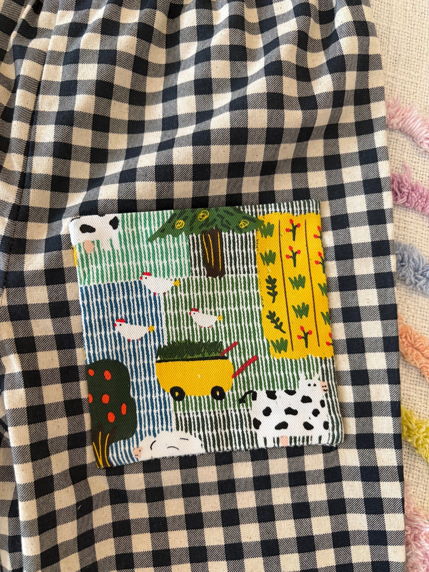 Organic Cotton Black Gingham with Farmyard Pocket - size 3