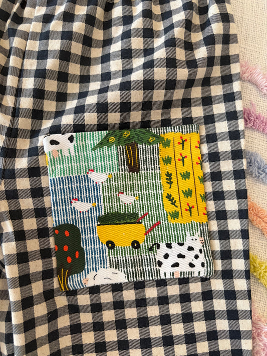 Organic Cotton Black Gingham with Farmyard Pocket - size 3